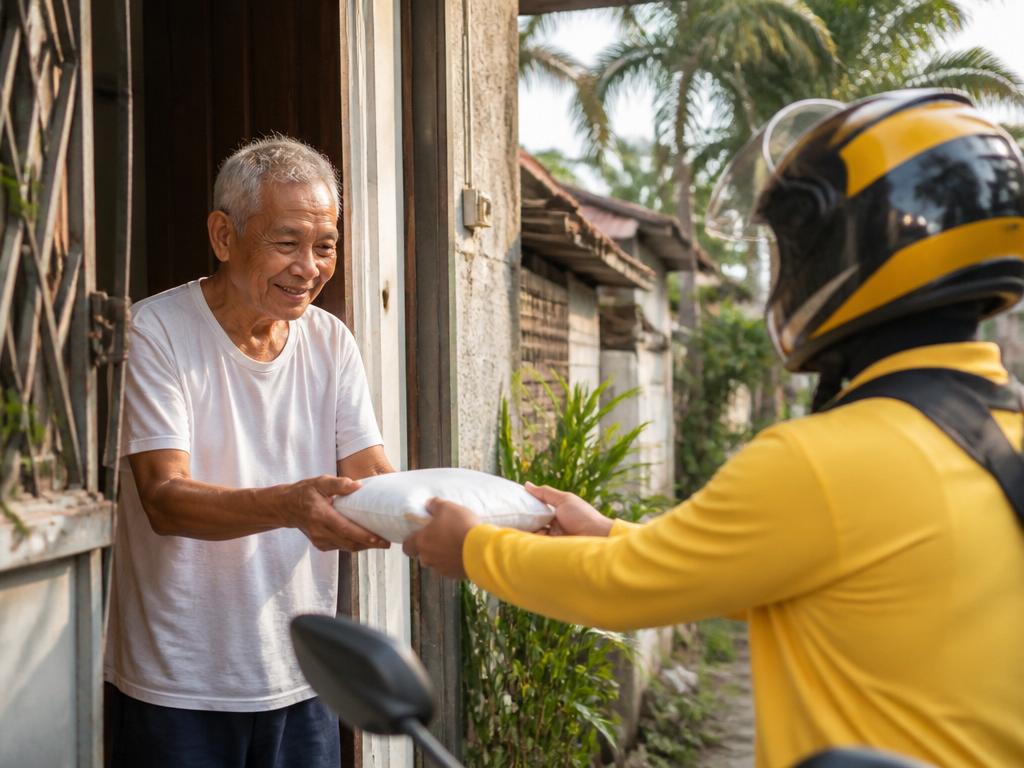 An elderly Filipino patient receiving a sealed medicine package from an ALiN Move rider