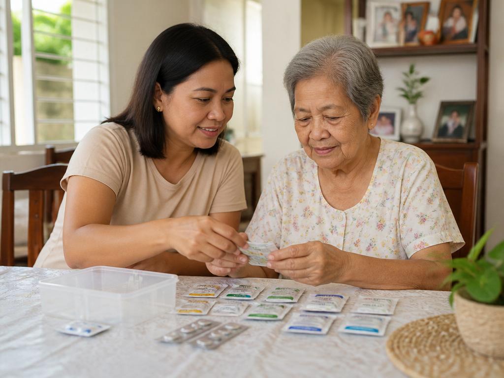 A Filipino daughter helping her elderly mother organize maintenance medicines at home