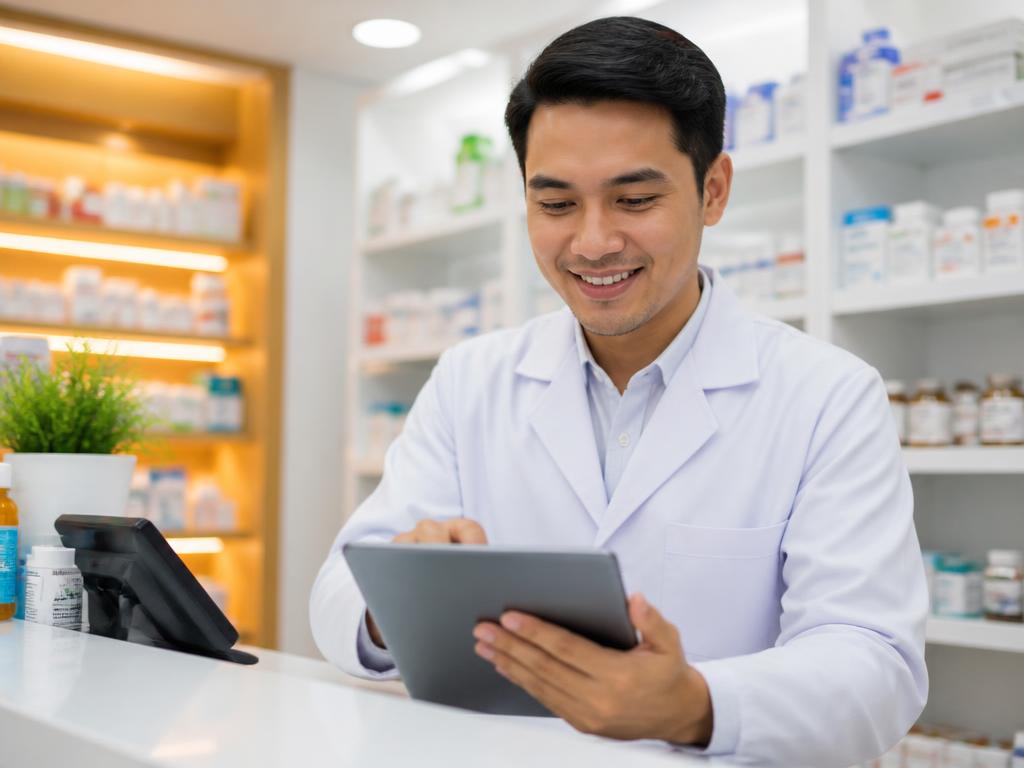 A licensed Filipino pharmacist reviewing a digital prescription on a tablet
